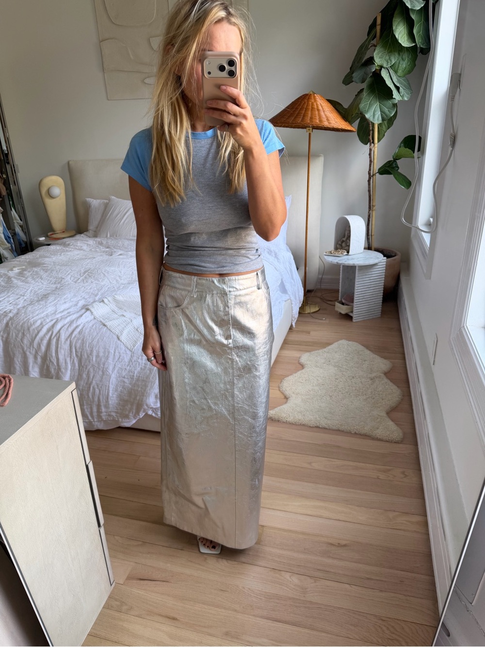 Mango Silver Straight PU Leather Skirt Size Small